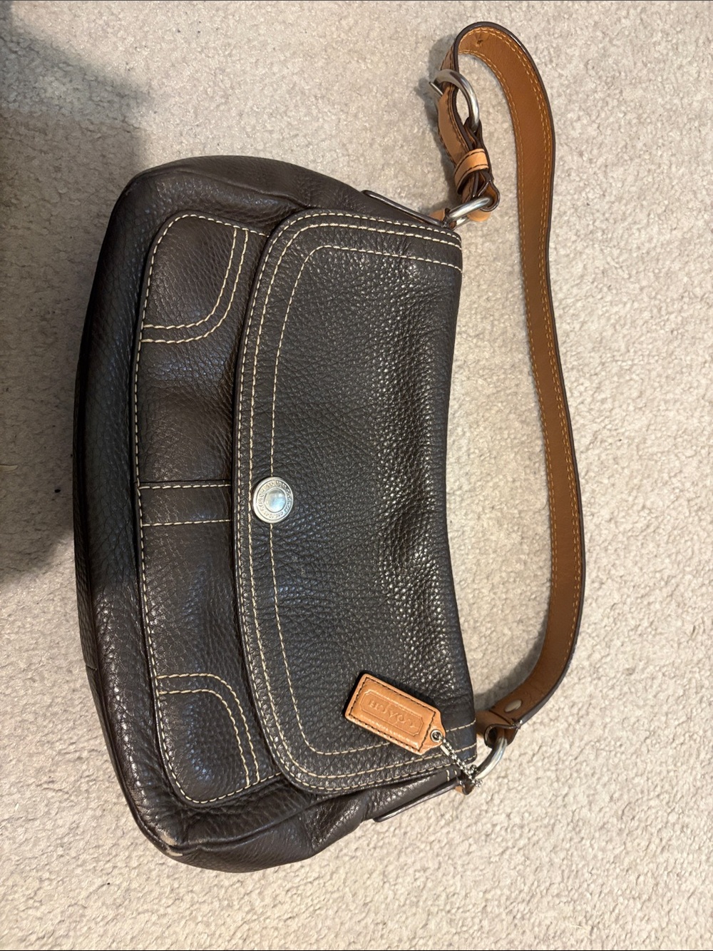 Coach Leather Shoulder Bag in Dark Brown with Tan Strap